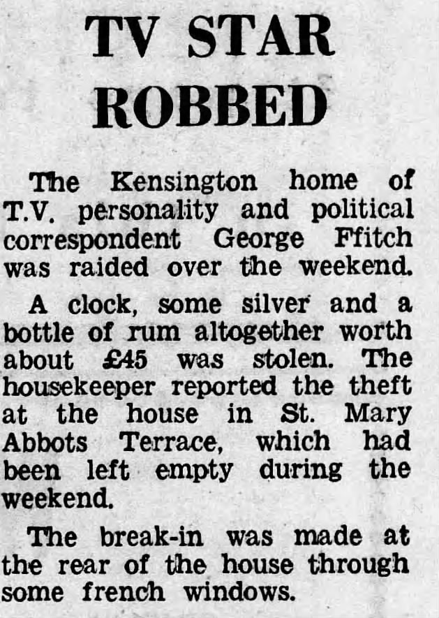 George Ffitch Home Burgled (The Kensington News and West London Times; 11 August 1967; Page 1)
