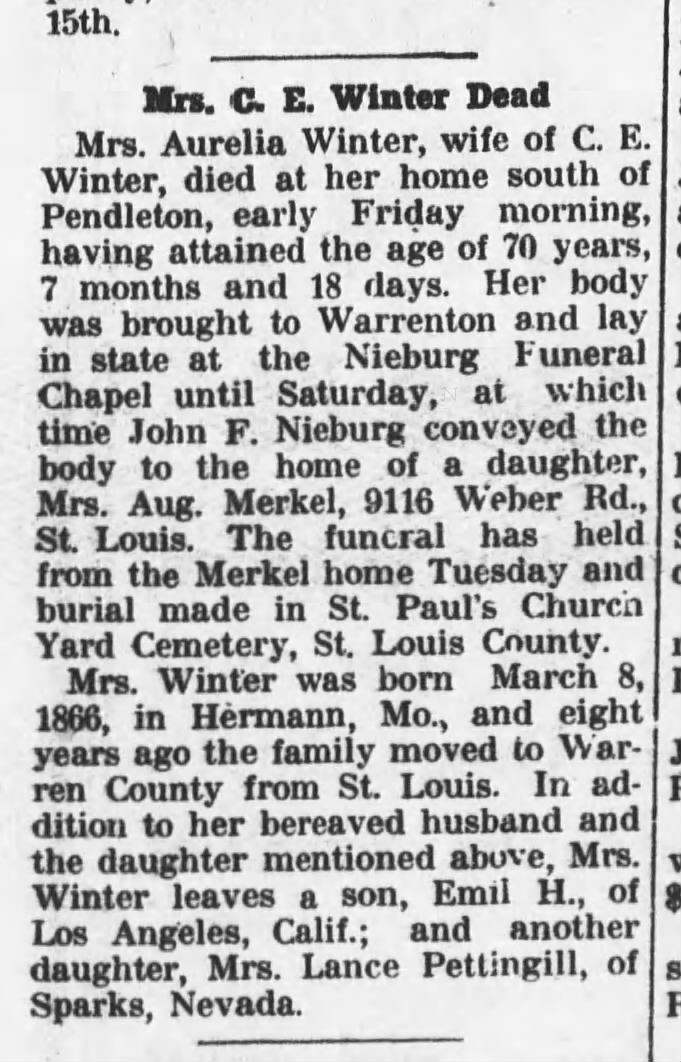 Aurelia Winter, Warrenton Banner, Warrenton, Mo., 13 Nov 1936 page 1
