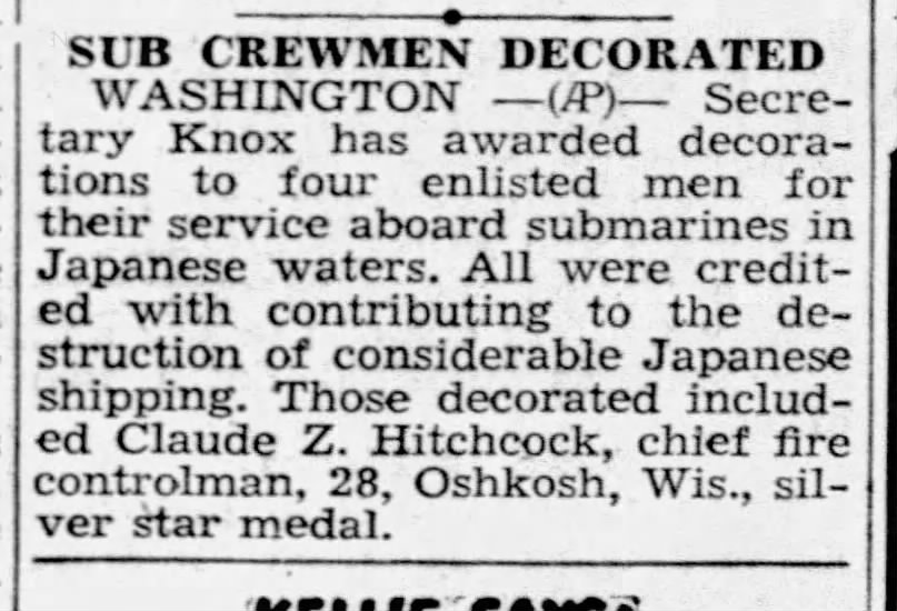 LaCrosse WI 3 Sep 1943 Sub Crewmen Decorated