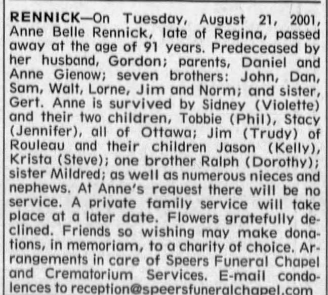 Obituary for Anne Belle RENNICK (Aged 91)
