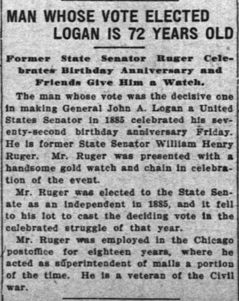 William Henry Ruger's vote elects Logan 17 Aug 1913
