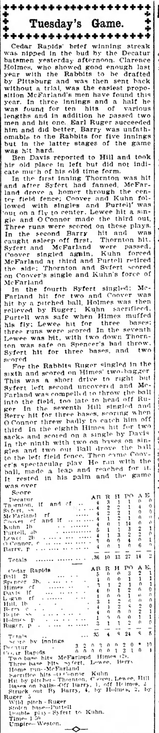 Earl Ruger pitches for Cedar Rapids Rabbits 17 May 1905
