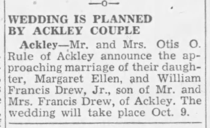 William Francis Drew Jr 
related to Entsinger 
Globe Gazette (Mason City Iowa)
23 Sept 1946