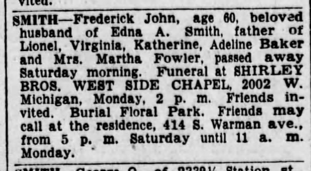 Frederick John Smith funeral announcement published Indianapolis Star 11/25/1934