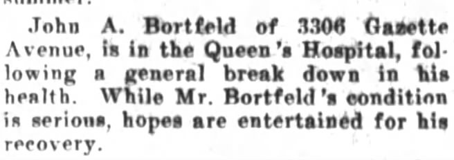 Hawaiian Gazette 26 Feb 1918 - JA Bortfeld in Hospital