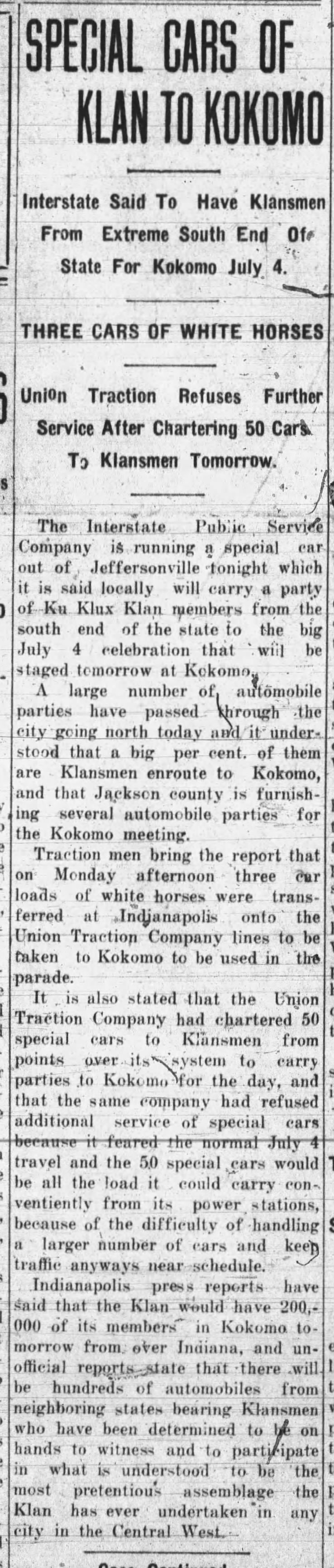 Union Traction to transport 50 carloads of Klansmen to Kokomo, Indiana for July 4, 1923