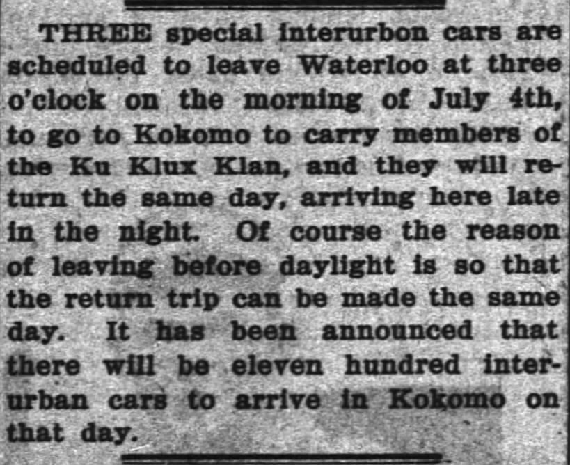 Interurban cars scheduled for the Kokomo, Indiana Ku Klux Klan rally on July 4, 1923