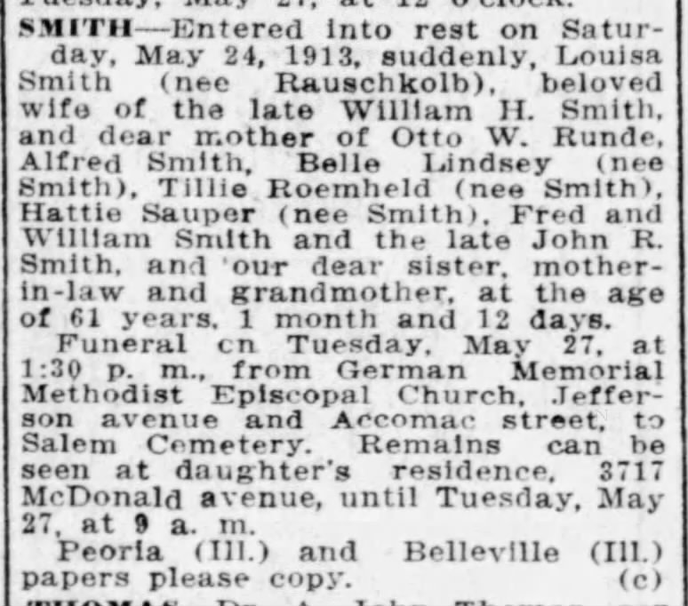 Louisa Smith nee Rauschkolb - St. Louis Post-Dispatch (St. Louis, Missouri)26 May 1913, MonPage 16