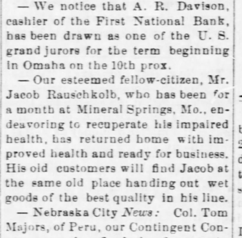Jacob Rauschkolb - Nebraska Advertiser (Brownville, Nebraska)29 Aug 1878, ThuPage 3