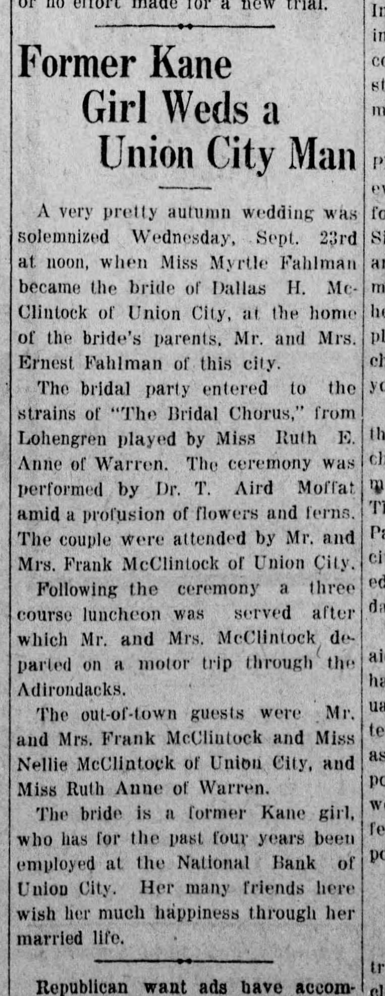 Myrtle Fahlman wedding
September 24, 1925
The Kane Republican
Kane, Pennsylvania