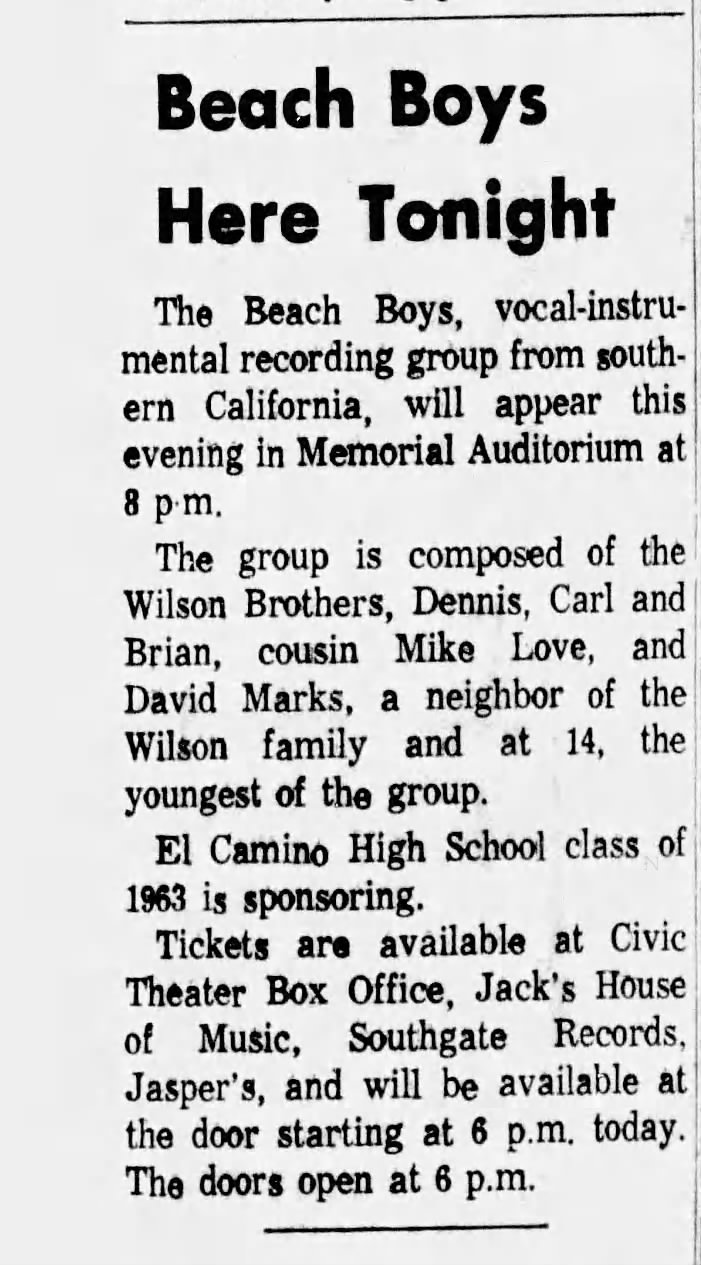 Beach Boys at Memorial Auditorium, 1963