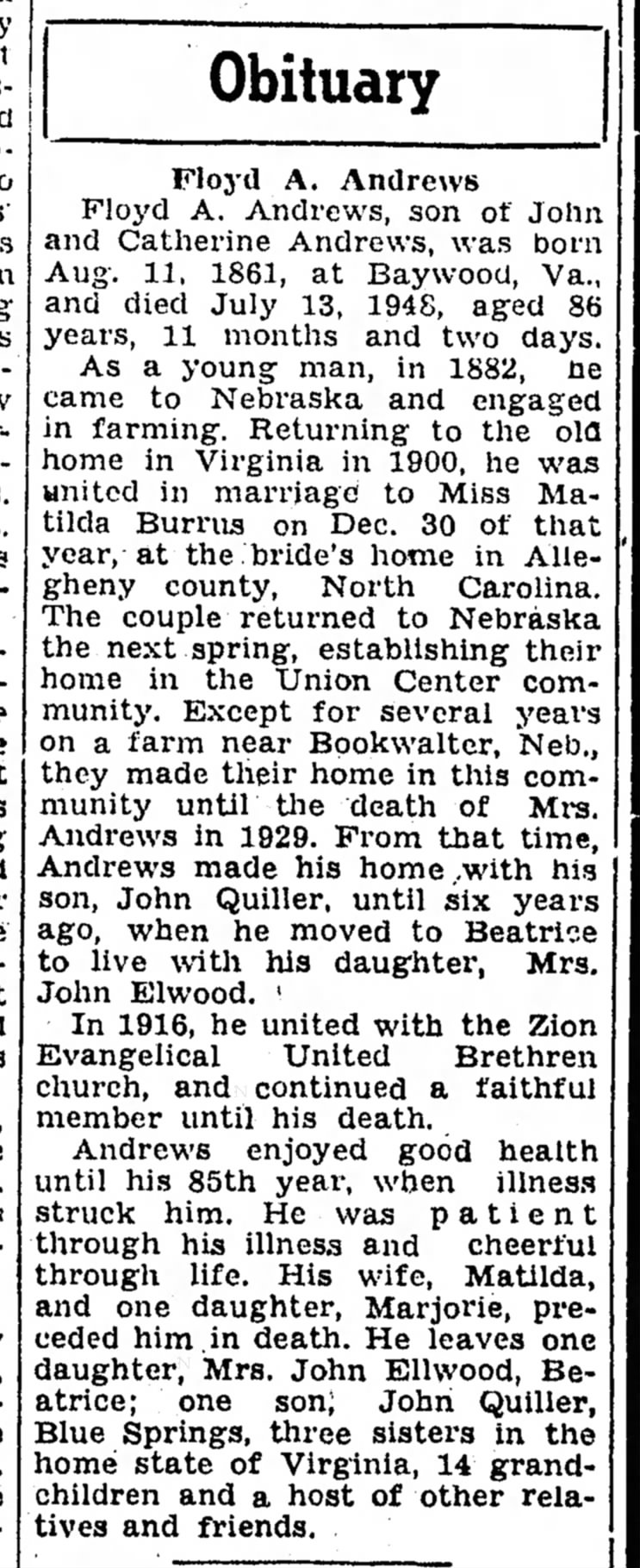 Floyd andrews death 1948 NE; daughter was Mrs. John Elwood of Beatrice  1948