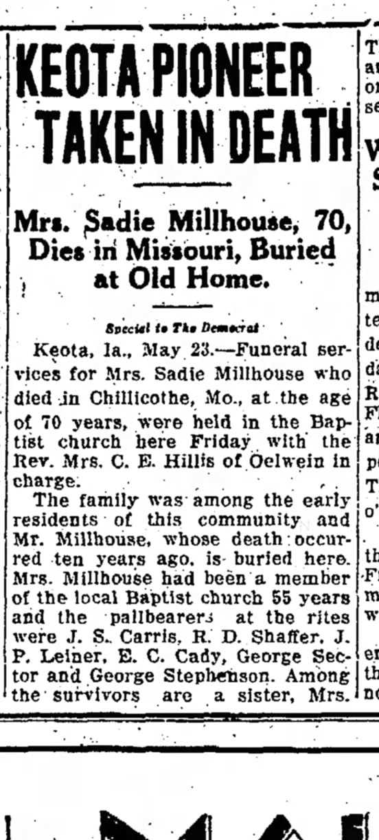 Mrs Sadie Millhouse dies in Missouri  1927  Iowa