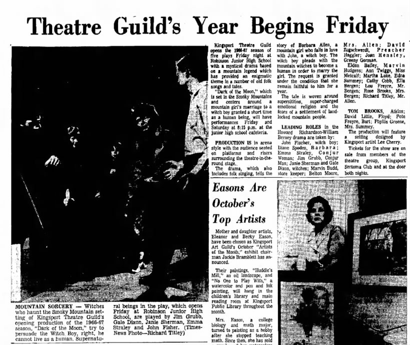 Janie Sherman, Theatre Guild "Dark of the Moon," Kingsport Times-News, 25 Sep 1966, p. 33.