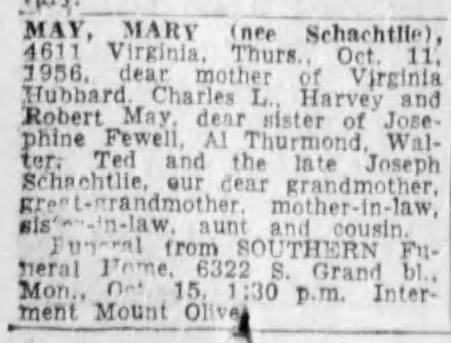 may, mary nee schachtlie 13 oct 1956 PD obit
