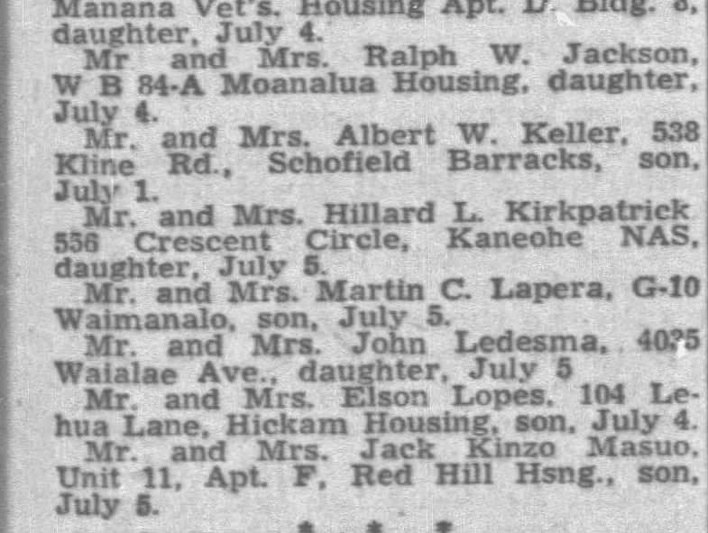 Birth records
Honolulu Star-Advertiser (Honolulu, HI)
9 Jul 1949, Sat   Page 11