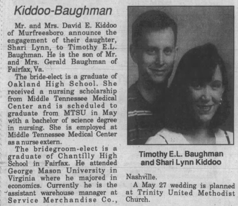 Engagement of Shari Lynn Kiddoo and Timothy E. L Baughman