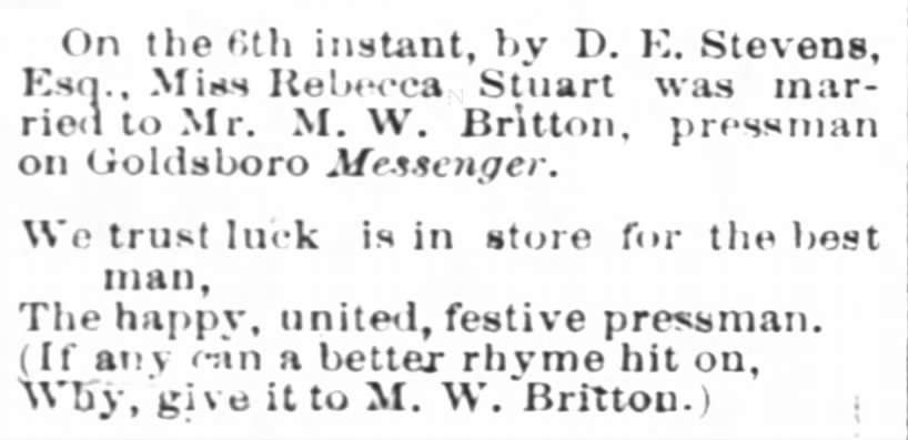 M W Britton m Rebecca Stuart/Stewart 1879