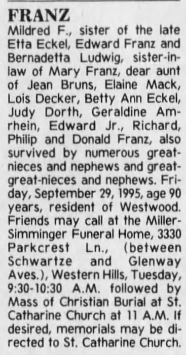Mildred Franz Obituary 
September 29, 1995