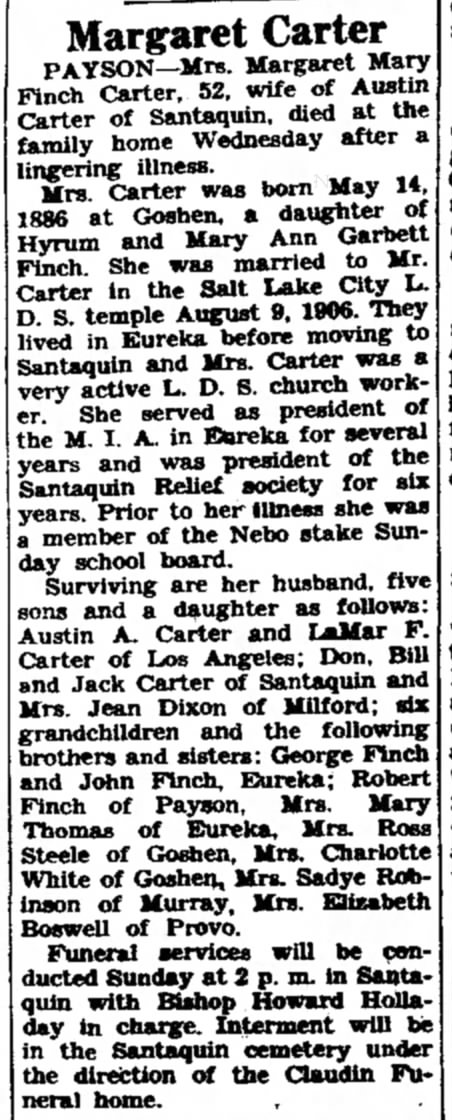 1938 Oct 6 - Obituary Margaret Mary Finch
