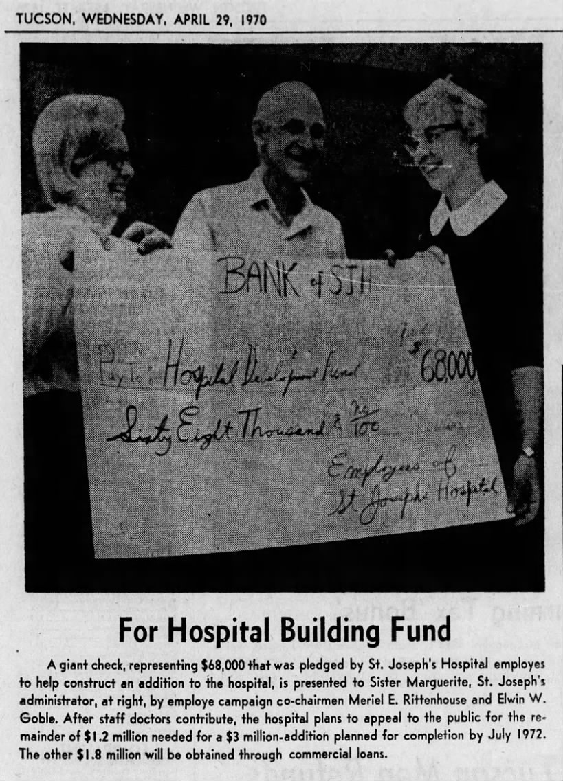St Joseph Hospital building funds
Meriel Rittenhouse; Elwin Goble; Sr Marguerite 1970