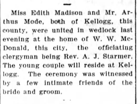 Marriage: Arthus Mode to Edith Madison, May 1912