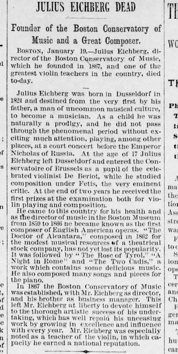 Julius Eichberg, obituary in Philadelphia Times, Jan 20, 1893