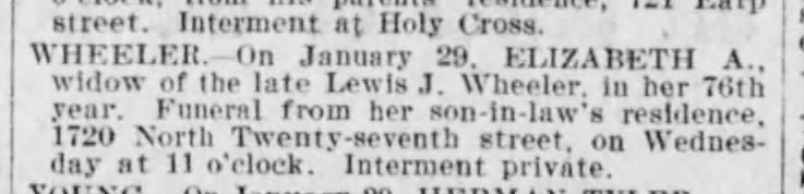 Mrs. Elizabeth Wheeler death Philadelphia Times. 1 Feb 1899 p. 11