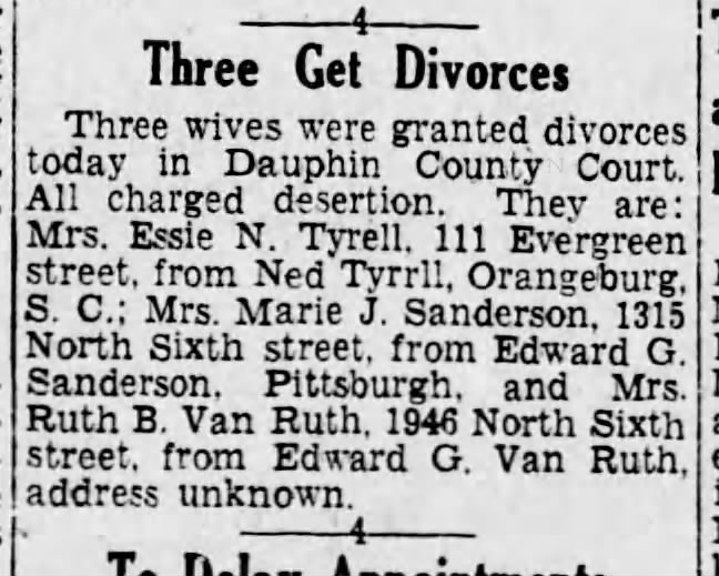 Divorce granted to Ruth V. Van Ruth (Wagner) and Edward G. Van Ruth (Tex)
February 6, 1933