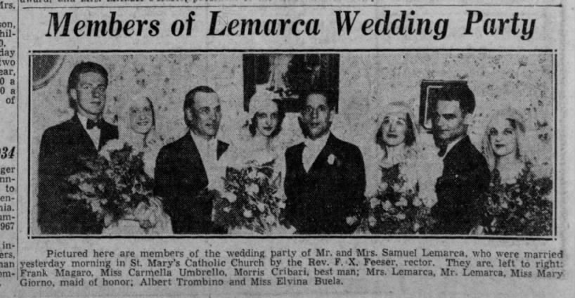 1935 wedding of Samuel Lemarca, Albert Trombino and Elvina Buela in wedding party