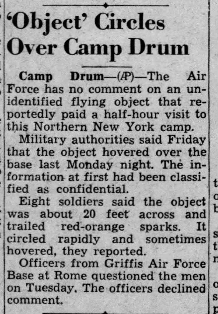 1952 Sept 27 UFO over Drum Army Base (NY)