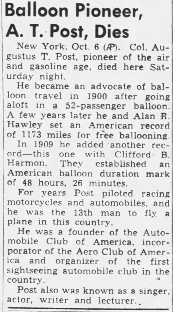 Balloon Pioneer, A.T. Post, Dies