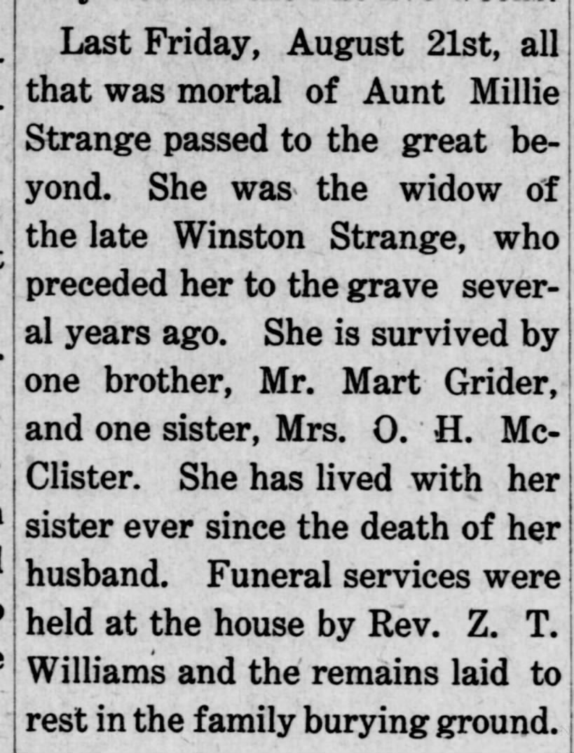 Obit: Millie STRANGE died 1908 wife of Winston STRANGE - The Adair County News Sept. 9, 1908