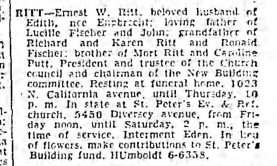 Ernest W Ritt Obituary