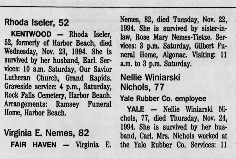 Virginia Day Nemes, 1994, Obituary