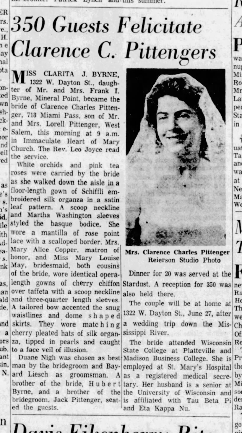 Clarence Pittenger and Clarita Byrne marriage 1960