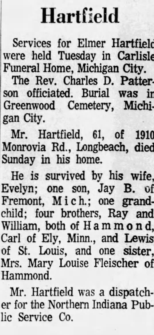 Elmer Hartfield obituary