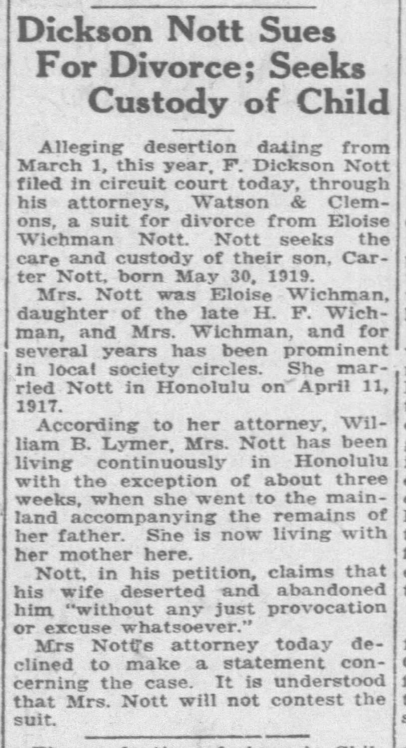 Eloise Nott divorce, 1921
