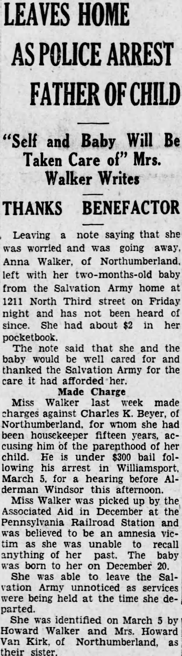 Anna M Walker regains memory, father of baby arrested 1928