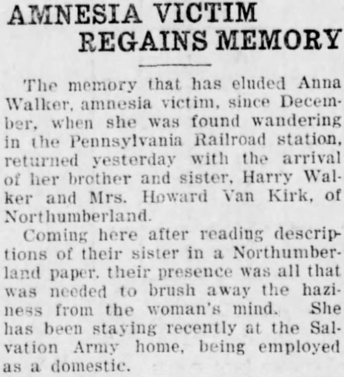 Anna M Walker "amnesia" victim begins to regain memory 1928