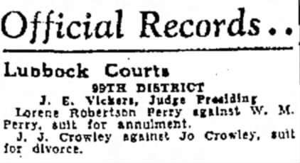 J.J. Crowley against Jo Crowley suit for divorce 1943