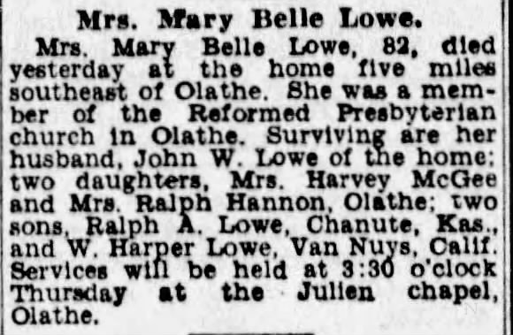 Obituary for Belle Lowe