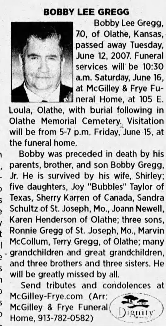 Obituary for BOBBY LEE GREGG