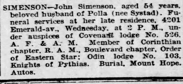 Obituary for S IMENSON.-John Simenson (Aged 64)