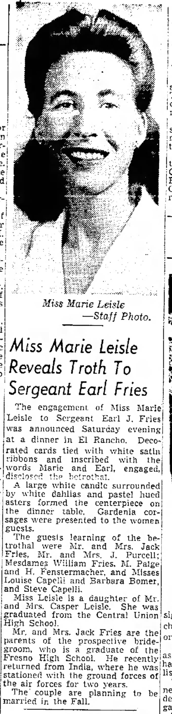 Marie Leisle Weds Fries 9-15-1944