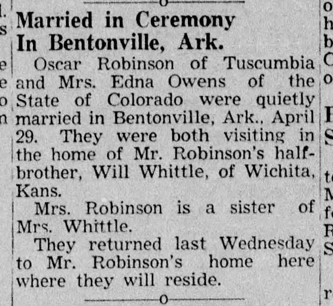 Marriage of Oscar Robinson and Edna Suit