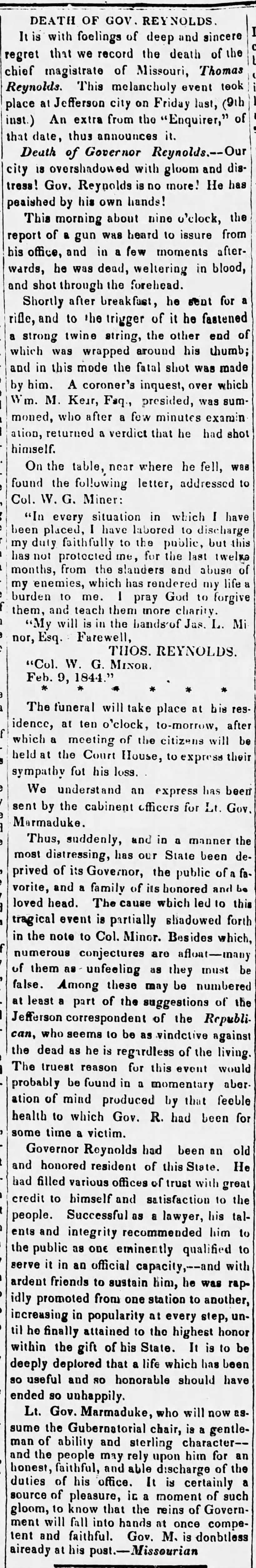 Death of Governor Thomas Reynolds
