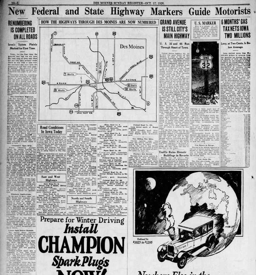 Des Moines Register, 10/17/1926: Signing of US highway system completed in Iowa