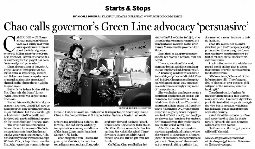 Chao calls governor's Green LIne advocacy 'persuasive'