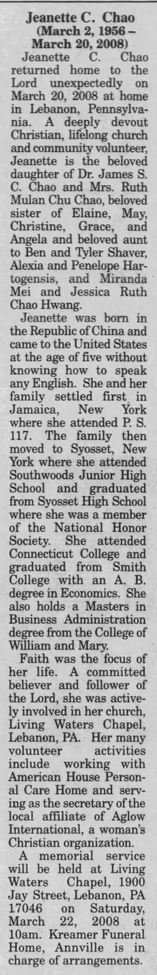 Jeanette C. Chao obituary